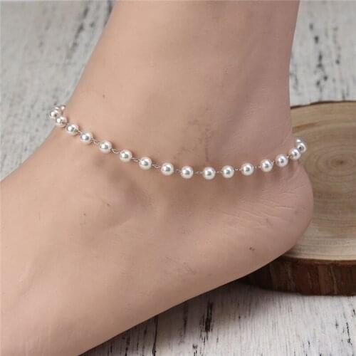 304 Stainless Steel Anklet White Acrylic Imitation Pearl Bracelet on the leg Sandals Foot-chain For Women Jewelry Gifts, 1 PC