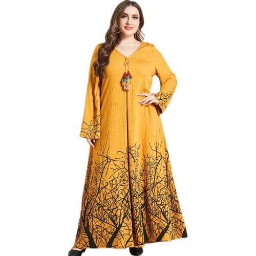 2021 Fashion Long Sleeve Women Maxi Dress Print Muslim Abaya Islamic Clothing Plus Size Middle East Arab Ramadan Maxi Robe Gown