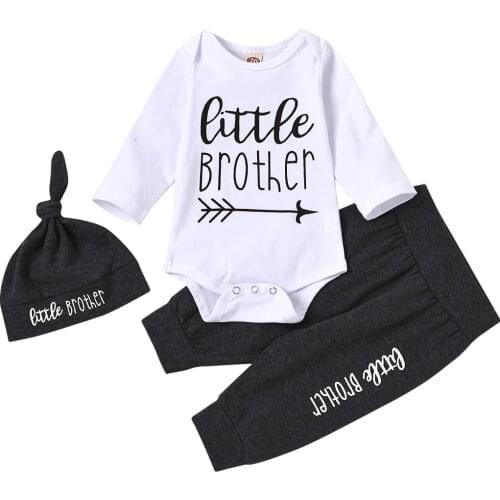 2021 0-18M Infant Boy Clothing Set Letter Print Long Sleeve Romper+Black Pants+Hat Casual Spring Fall Kids 3pcs Outfits