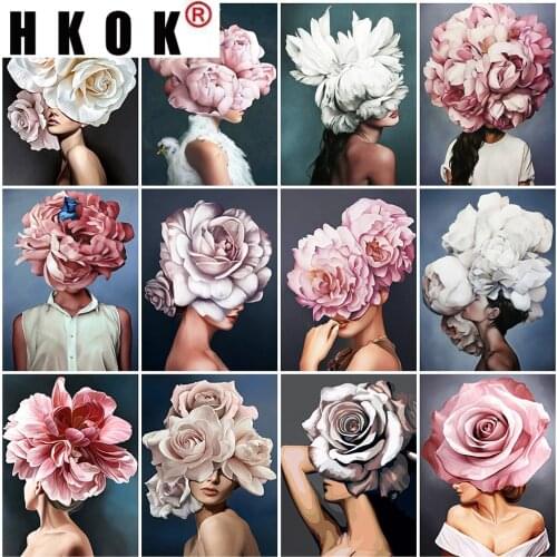 HKOK Diamond Embroidery Girl 5D Diamond Painting Flower Cross Stitch Portrait Rhinestone Mosaic Full Layout Home Decoration