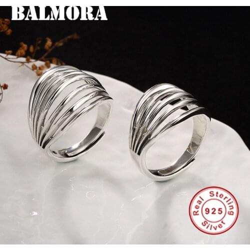 BALMORA 100% 925 Silver Hollow Wavy Stripes Ring For Lover Open Adjustable Couple Ring Vintage Ring Jewelry Valentines Day Gift