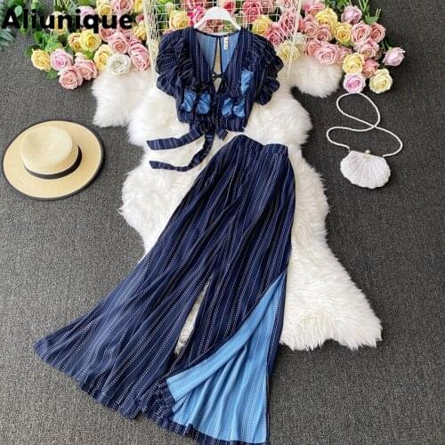 Aliunique New Sexy V-neck Long Pants Suit For Women 2021 Summer Fashion Bohemian Vacation Beach 2 pcs Set High Waist Casual INS