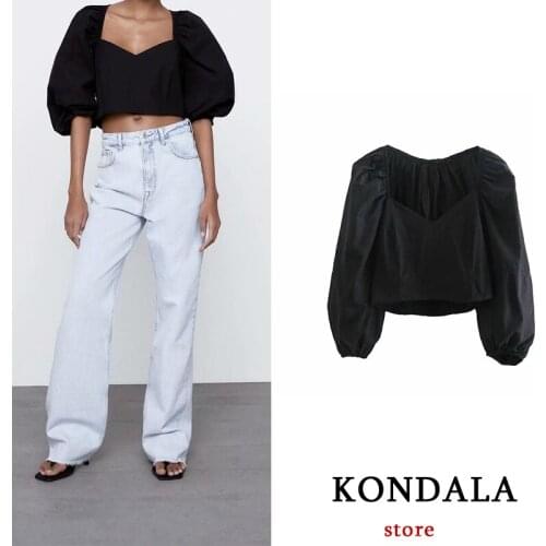 KONDALA Fashion ZA 2021 Women Cotton Lightweight Black Poplin shirt Short Sexy Casual V Collar Ladies Tshirt Mujer Tops