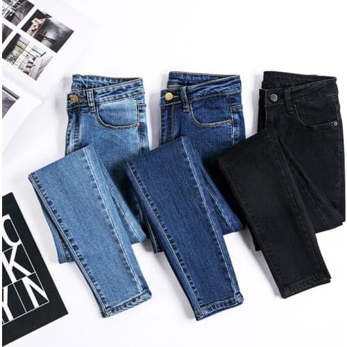 Korean Fashion Blue Solid Skinny Jeans Woman High Waist Elastic Black Casual Female Pencil Pants Denim Pocket Jeans Ladies 2020
