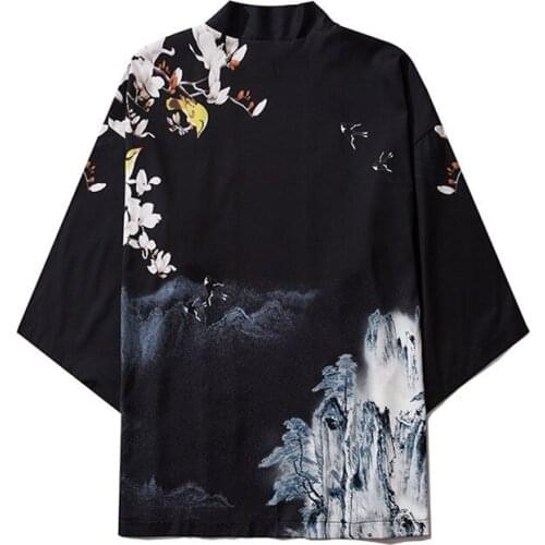 Japanese Kimono Jacket Mountain Chinese Style Print Men Harajuku Streetwear Jacket Coat Casual Thin Kimono Haori For Women CS559