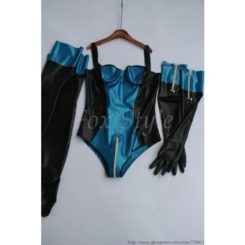 Adult latex bodysuit catsuit with latex stocking and gloves in Metallic blue bras with underwire