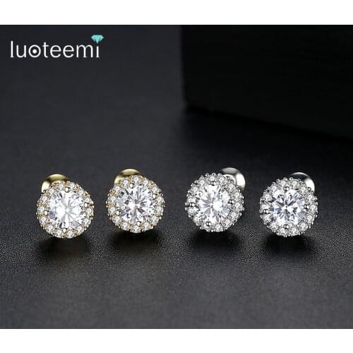 LUOTEEMI Minimalist Round Small Stud Earrings for Women Girls Dating with AAA+ Cubic Zircon Double Color Fashion Jewelry Gift