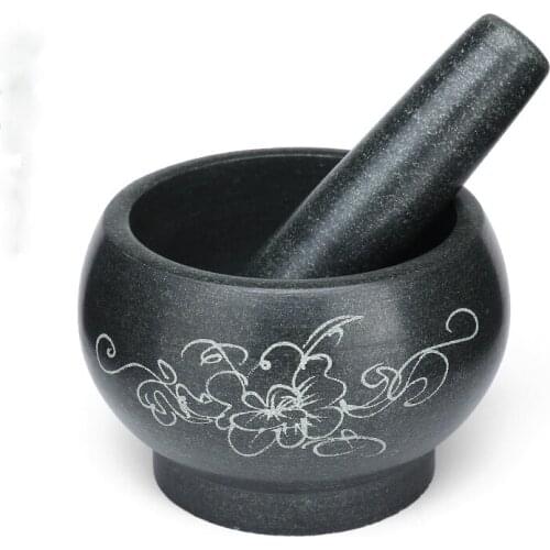 Natural Granite Carved Flower Mortar and Pestle Set for Spices, Peanut, Rice Pastes, Herbs - Update Organic Healthy, with Cover
