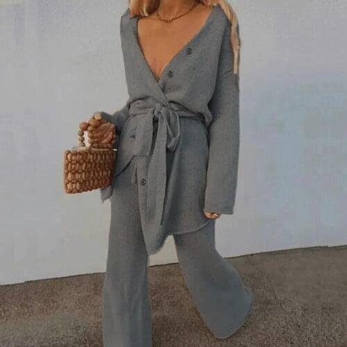 Autumn Winter Knitted Two-piece Suit Women Sexy Deep V Neck Button Cardigan Long Pants Homewear Set Female Solid Pajamas Clothes