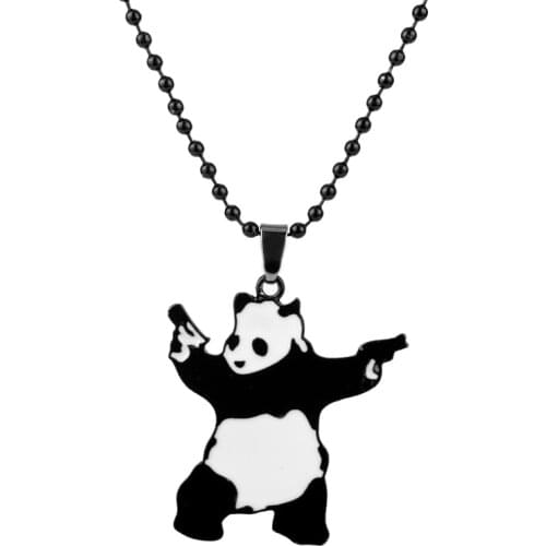 Cute Panda With Guns Enamel Metal Pendant Necklace Banksy Beads Chain Choker Necklace Jewelry For Men Women Gifts