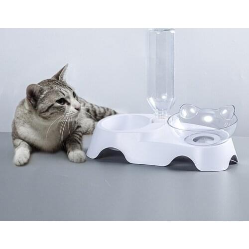 Pet Cat Elevated Bowls Durable Double Bowls Raised Stand Cat Feeding & Watering Supplies Dog Feeder with Water Dispenser Plastic