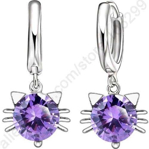 925 Sterling Silver Jewelelry Sets Cubic Zirconia Cute Kitty Cat Head Earrings Dangle Drop Lovely Earring Stock