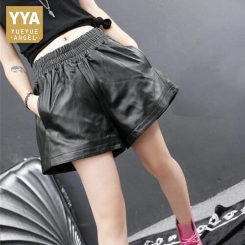 Genuine Leather Shorts Women Luxury Elastic Waist Loose Sheepskin Wide Leg Shorts Street Autumn Winter Casual Shorts Plus Size