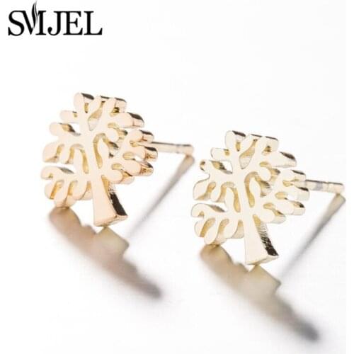 SMJEL Stainless Steel Tree Shape Ear Studs Fashion Tiny Sliver Gold Color Plant Earrings For Women Statement Earring