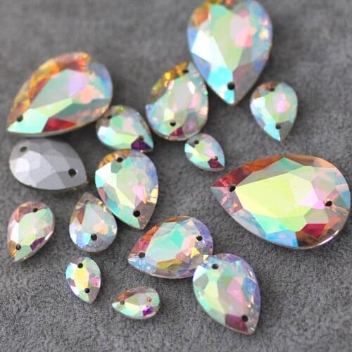 Crystal AB Sew on Rhinestone Silver pointback Waterdrop Shape Colorful Rhinestone Strass For DIY weddding Dress Cloth Decoration