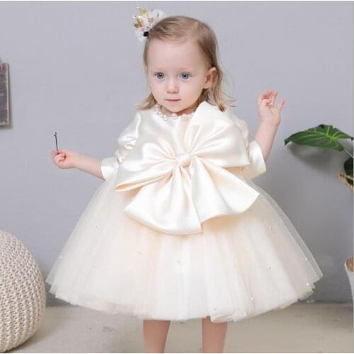 New Infant Girl Dress Light Champagne Tulle Pearls Baptism Dress Baby Girls Party Princess 1 Year Birthday Outfits