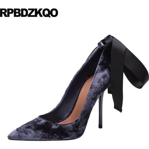 High Heels 2021 Designer Women Luxury Shoes Fashion Velvet Pointed Toe Thin Blue Italian Ladies Black Pumps Korean Size 4 34