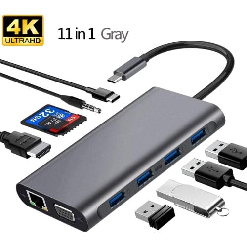 USB 3.1 Type-C Hub to HDMI Adapter RJ45 4K Thunderbolt 3 USB C Hub 3.0 VGA TF SD Reader Slot PD For MacBook Pro Air 13 2020 2021