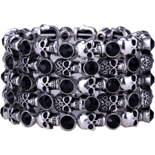 YACQ Skull Skeleton Stretch Cuff Bracelet for Women Biker Bling Crystal Jewelry Antique Silver Color Wholesale Dropshipping D07