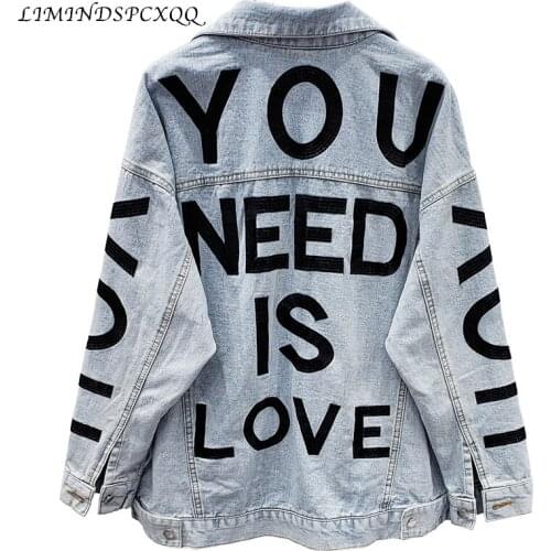 Streetwear Style Letter Embroidery Denim Jacket Women Diamonds Jeans Coat Female Casual Spring Autumn New Fashion Loose Outwear