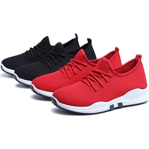 Women casual shoes fashion breathable Walking mesh lace up flat shoes sneakers women 2019 shoes woman Black and red