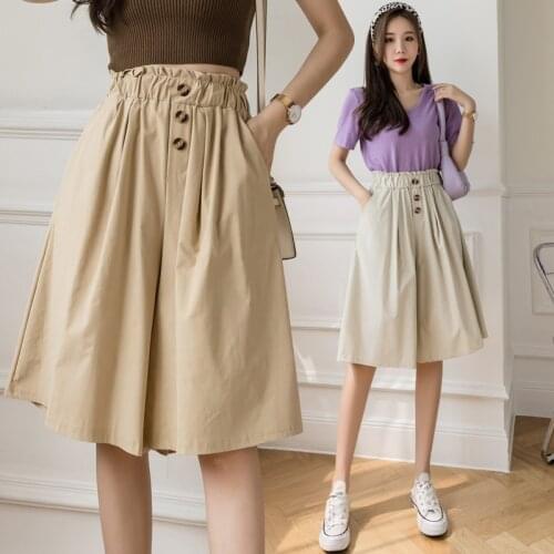 Women Summer Loose Knee Length Wide-Leg Pants Casual Elastic High Waist Button Safari Style Ruffle Pants