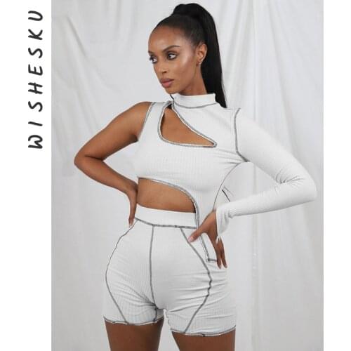 Summer Ribbed Striped 2 Two Piece Sets Womens Cut Out Asymmetrical Crop Top + Legging Shorts Sets Basic Matching Outfits