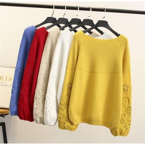 2019 Plus size 4XL knit sweater women Spring and autumn Beading embroidery loose female Pullover sweaters 100kg can be worn G635