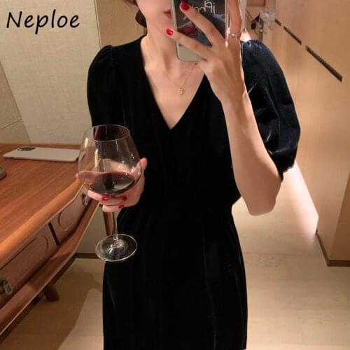 Velvet Black Midi Dresses for Women Korean Chic Autumn Hepburn V-neck Robe Slim Waist Slim Temperament Vestido De Mujer