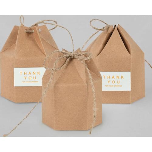 10pcs Creative Kraft Paper Candy Boxes Hexagon Shape Travel Gift Box Favours Candy Chocolate Cake Packaging Boxes Party Supplies