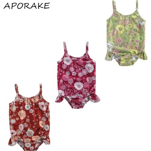 2021 1-6Y Summer Kids Baby Girl Swimwear Floral Print Sleeveless Swimming Bathing Suit Tankini Ruffle One Piece Beachwear