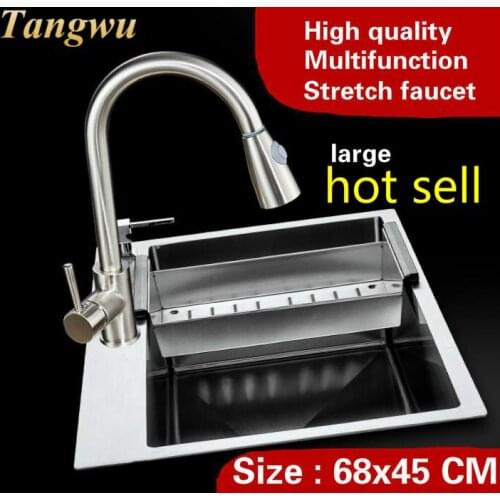 Free shipping Household vogue big kitchen manual sink single trough stretch faucet wash vegetables 304 stainless steel 68x45 CM