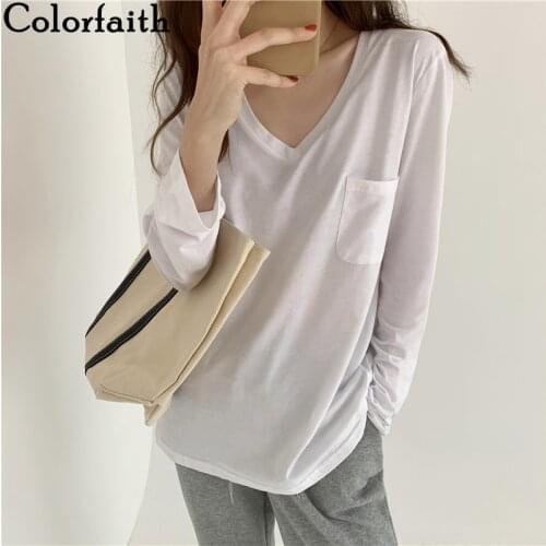 Colorfaith New 2021 Womens Spring Autumn T-shirts Bottoming Basic Korean Pockets Fashionable Wild Oversized Vintage Tops T6101A