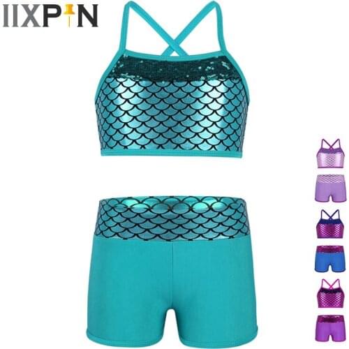 Kids Girls gymnastics leotard Kids Ballet Dance Wear Tankini Sleeveless Sequins Mermaid Scales Printed Tank Top with Bottoms