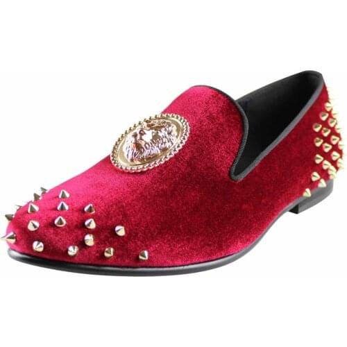 Harpelunde Men Prom Shoes Spikes Red Velvet Loafers 3D Lion Buckle Dress Flats