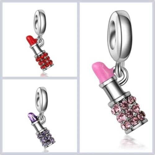 Exquisite NEW European Colorful Lipstick Pendants Rhinestone Beads Fit European Bracelet &Bangles Precious Beads for DIY Jewelry