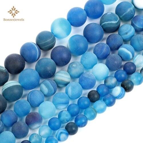 Stone Matte Natural Beads Frosted Blue Banded Agates Round Loose Beads For Jewelry Making 4 6 8 10 12mm Diy Bracelet