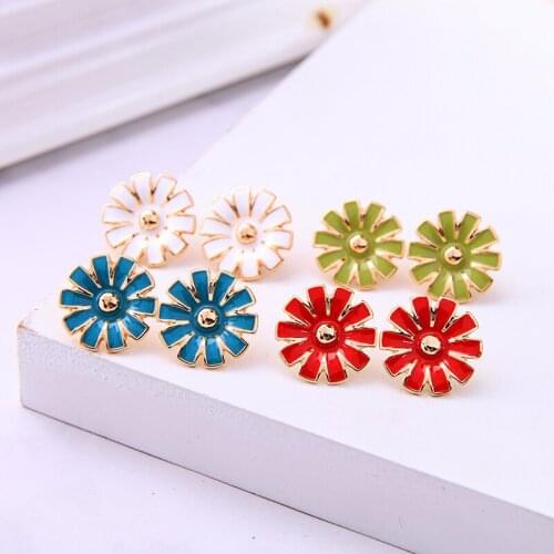 Kissme Unique Blue White Red Green Enamel Flowers Screw-back Clip Earrings For Women Two-type Gold Color Fashion Jewelry Ear Pin