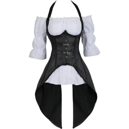 Corset bustiers long straps blouse top vest corsets pirate lingerie irregular plus size black burlesque two pieces korsett sexy