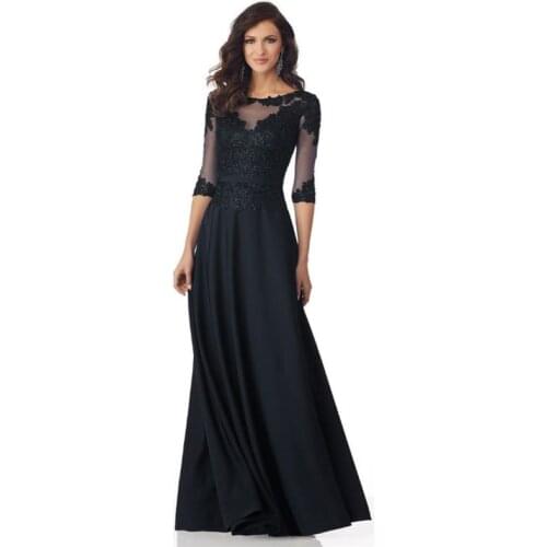 Wholesale Charming Dark Navy Lace Bateau Neck Mother of the Bride Dresses With Three Quarter Sleeve Wedding Party Gowns 2020