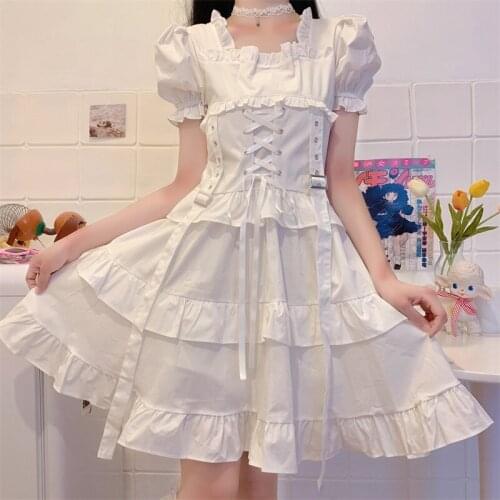 Japanese College Style Cute Soft Girl Dress Kawaii Square Collar Puff Sleeve Vintage Bandage Bow Sweet Frills Feminine Dress