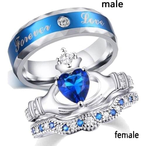Fashion Jewelry Guardian Crown Heart Shaped Blue Cubic Zirconia Couples Ring Engagement Valentine Gift