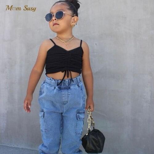 Fashion Baby Girl Cotton Ribbed Vest Infant Toddler Girl Strap Tshirt Sleeveless Tee Top Striped Drawstring Solid 1-7Y