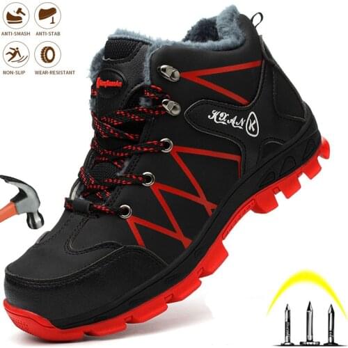Mens Safety Work Shoes Winter Boots Anti-Smash Anti-Puncture Indestructible Steel Toe Cap Hiking Plush Warm Snow Boots Fashion