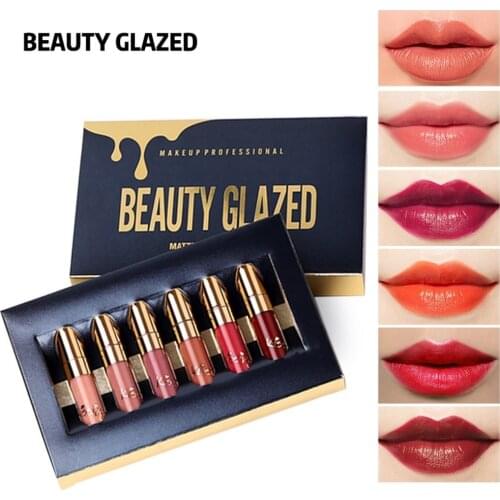 BEAUTY GLAZED 6 Colors Matte Lipstick Set Waterproof Long Lasting Nude Lip Gloss Velvet Pigment Sexy Red Brown Women Lip Makeup