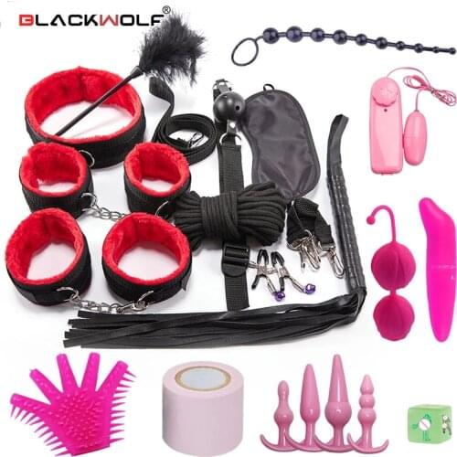 Set SM Sex Toys for Women Men Handcuffs Nipple Clamps Whip Spanking Sex Silicone Anal Plug Butt Bdsm Vibrator Bondage Set