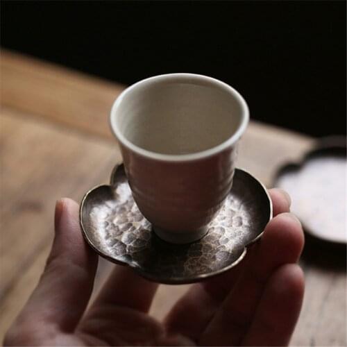 New Small Coaster Saucer Handmade Copper Japanese Anti-Skid Insulation Tin Silver Saucer Tea Ceremony Accessories Vintage Saucer