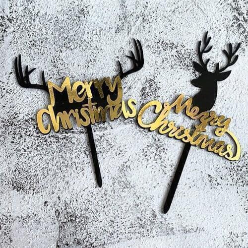 New Merry Christmas Acrylic Cake Topper Gold Black Elk Deer Novelty Cake Topper For Party Xmas Cake Decorations New Year Decor