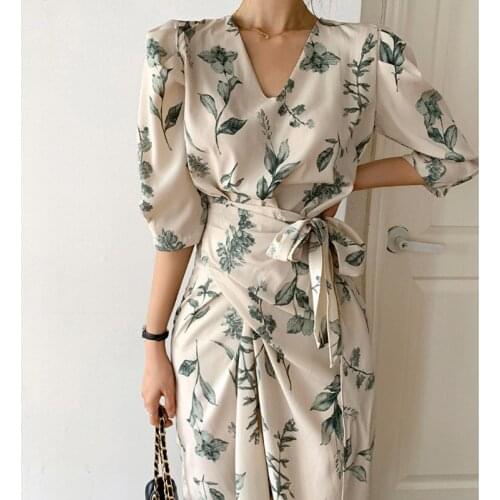 QOERLIN Elegant Floral Print Long Dress Women V-neck Lace Up A-line Chiffon Summer Dress Casual High Waist Female Vestido 2021