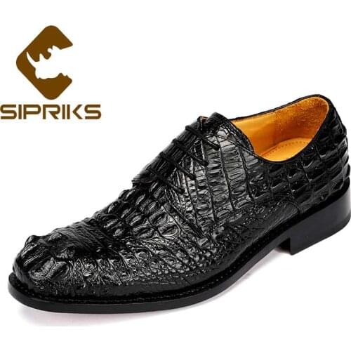 Sipriks Luxury Original Crocodile Skin Dress Shoes Boss Mens Business Formal Tuxedo Gents Suits Goodyear Welt Shoes Black Brown